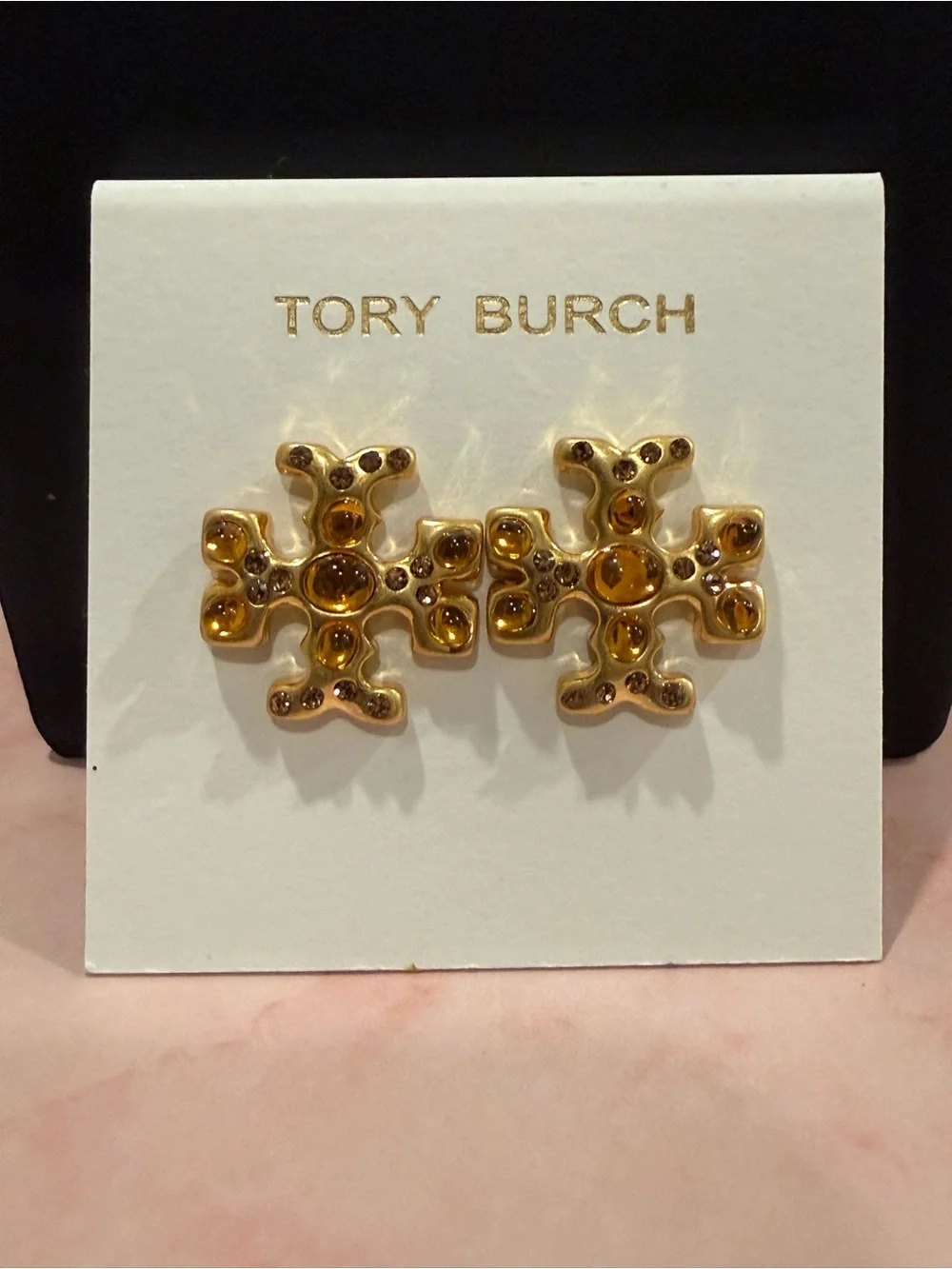 Tory Burch | Gold Plated Icon Logo and Rich Bronzy Enamel Stud Earrings | Sm/Med